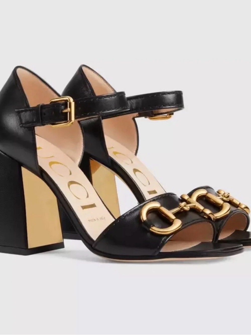 Gucci Black Leather Block Heel Sandals with Gold Horsebit